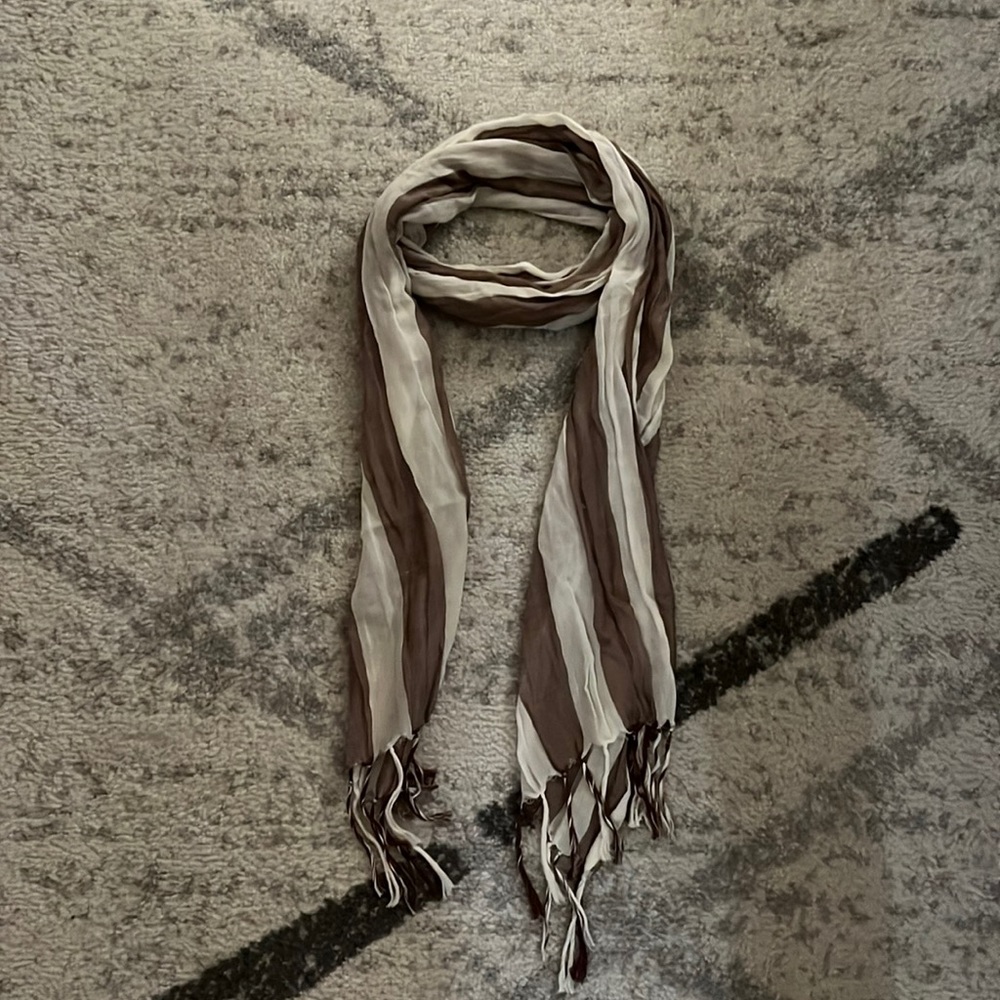 Brown & White Striped Scarf with Tassels